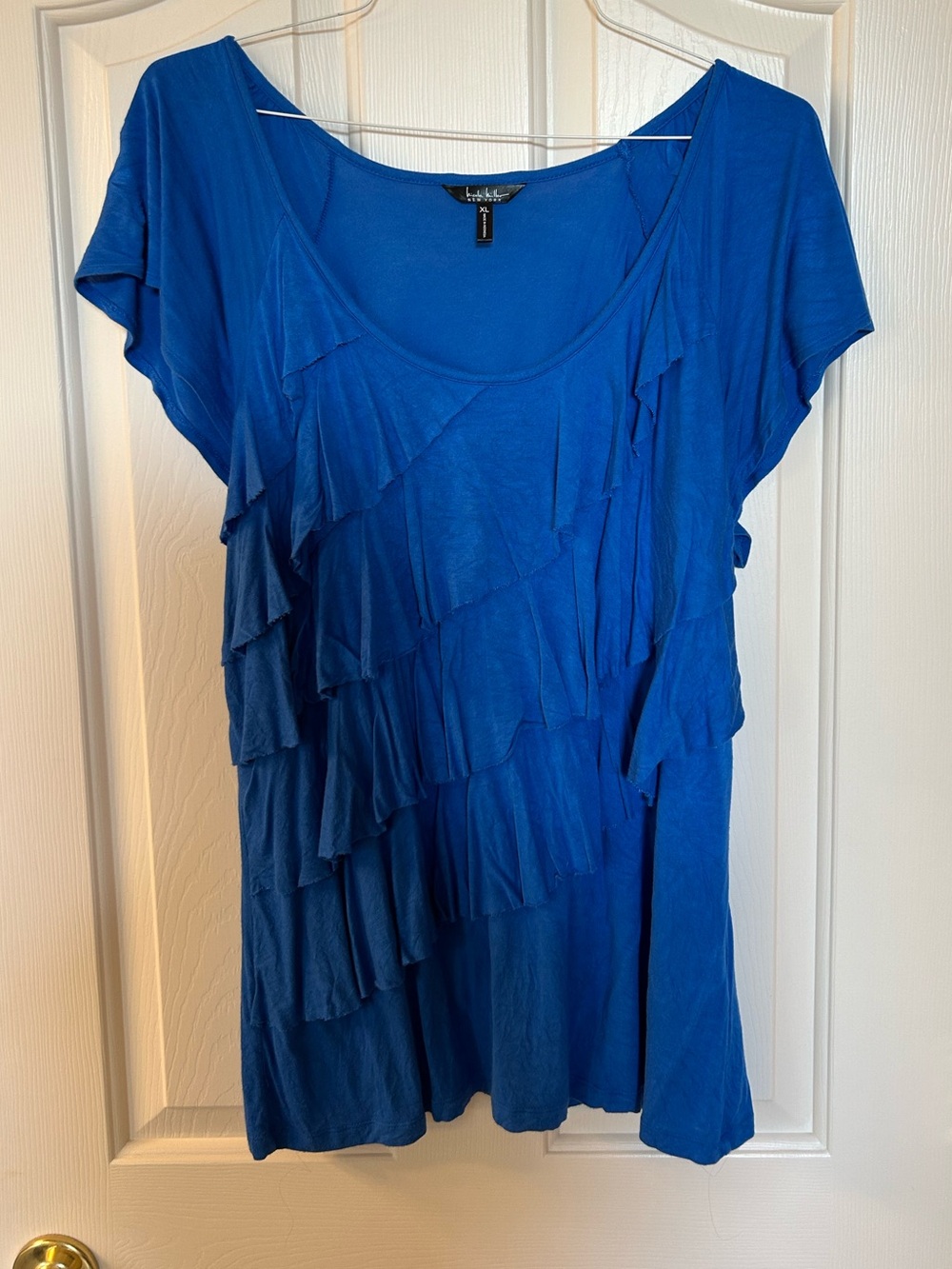 Nicole Miller Blue Ruffle Scoop Neck Top